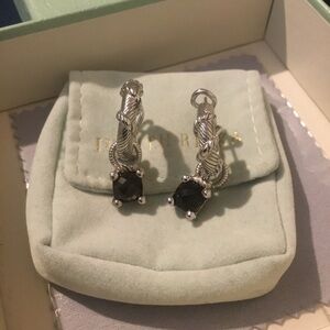 Vintage Judith Ripka Hoop Earrings With Natural Cushion Cut Smoky Quartz Charms